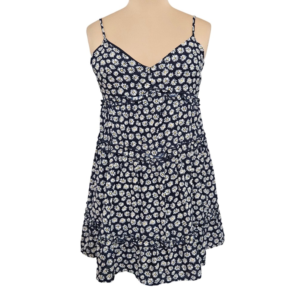 Row A Navy Blue Daisy Floral Tiered Ruffle Mini‎ Dress XL Smocked Sundress Boho